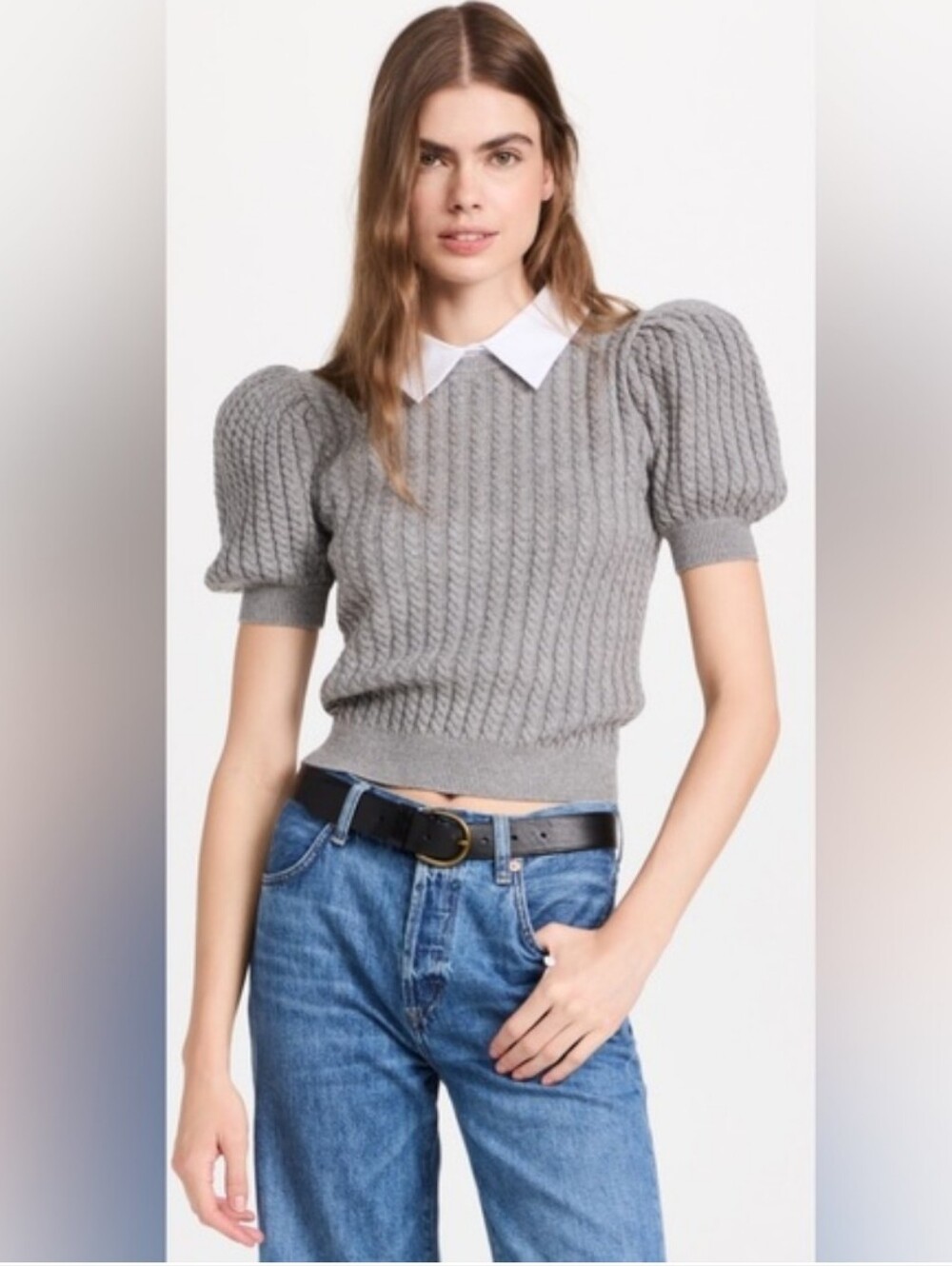 Alice+olivia, New No Tag ..Women's Grey Puff-Sleeve Cable Knit Sweater
